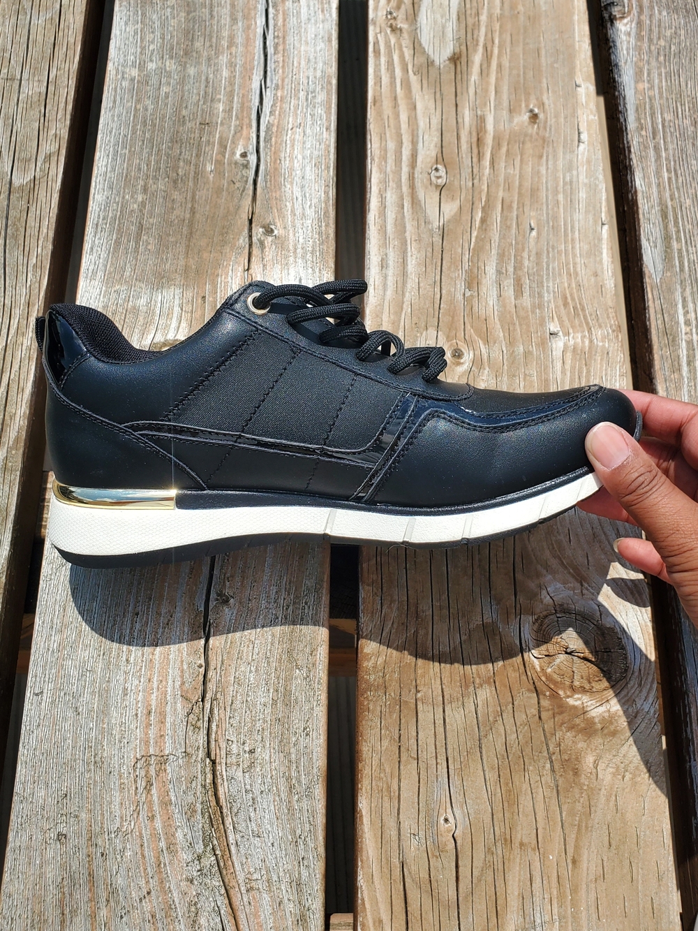 Women's Casual Black Lace-Up Sneaker with Gold Accent Size 9